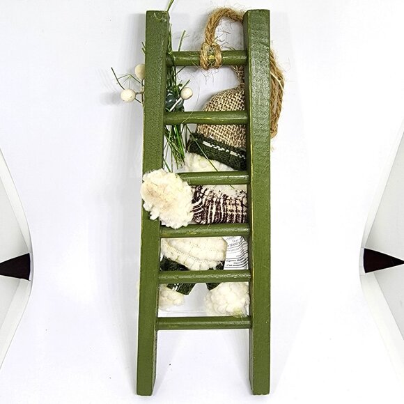 Plush Snowman Climb Green Ladder Cottage Farmhouse Christmas Holiday Ornament - Picture 7 of 10